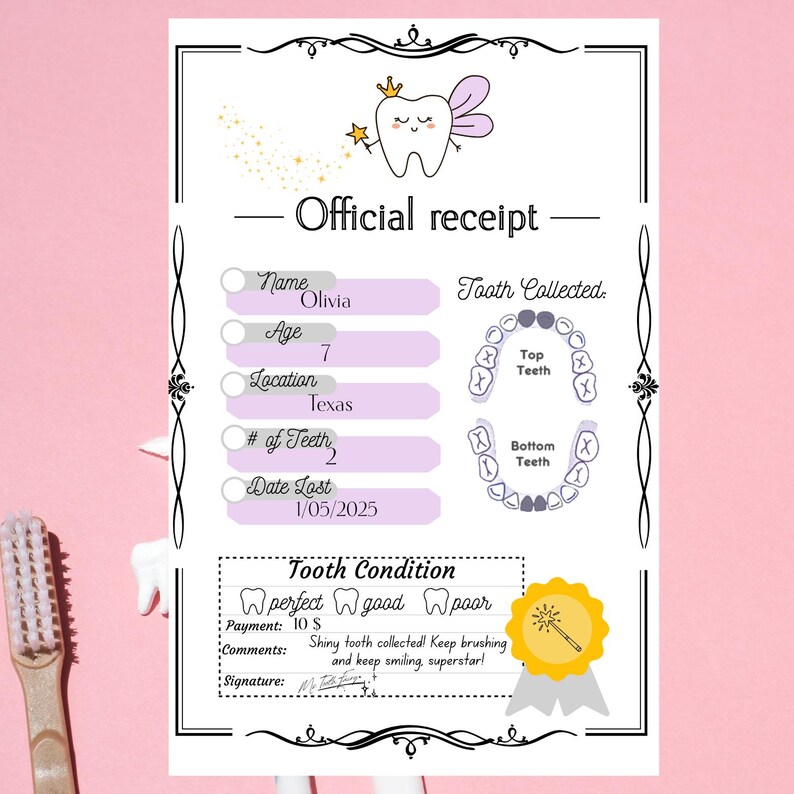 Editable Tooth Fairy Receipt Printable Certificate | First Lost Tooth ...