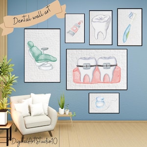 Dentist Gallery Watercolor Set of 15 Drawings, Dental Office Decoration, Dentistry Print, Tooth Poster, Clinic Digital File, Tooth