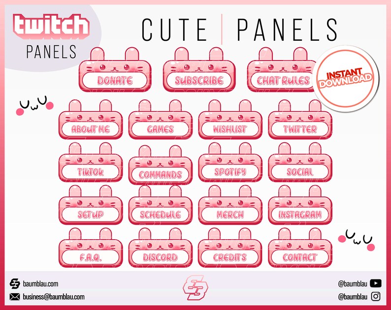Instant Download Ready to Use Cute Twitch Panels Pack 19x Cute Pastel Red Twitch Panels