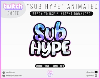 May include: Animated Twitch emote featuring the text "Sub Hype" in a colorful, bubbly font with a gradient of blue and purple. The text is outlined in black and has a white shadow.