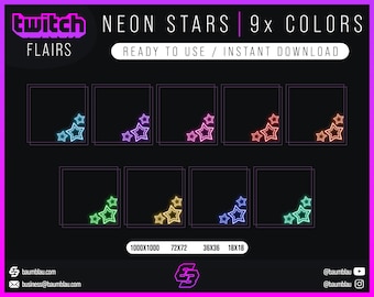 Neon Stars Twitch Sub Badges: 9x Color Styles (Instant Download)