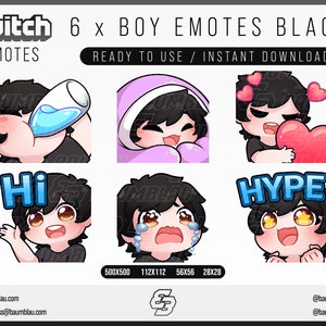 Twitch Emotes, Twitch Sub Emotes, Discord Emotes, Text Emotes, Boy Emotes, Boy Black Hair Emote Pack | 6x Chibi Emotes Package Boy Black