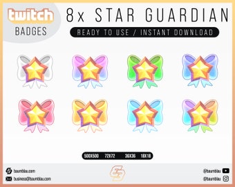 May include: Eight Twitch chat badges featuring a gold star with a bow in various colours, including pink, blue, green, and purple. The badges are available in four sizes: 500x500, 72x72, 36x36, and 18x18.