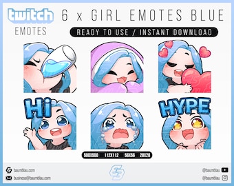 May include: Six blue animated Twitch emotes featuring a girl character with different expressions. The emotes include "Hi", "Hype", and a girl drinking water. The emotes are available in four sizes: 500x500, 112x112, 56x56, and 28x28.