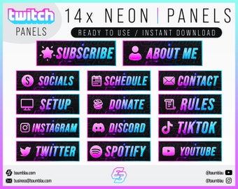 Twitch Panels 14x Pack - Roze Blauw NEON Panelen | Clean Glow-panelen - Direct downloaden / klaar voor gebruik