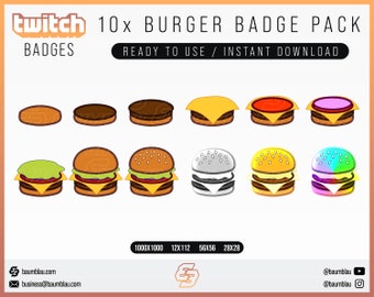 Burger Badges Twitch | Gold, Rainbow Twitch Badge 10 x Burger | Sub Badges for Twitch - Instant Download / Ready to use Burger Patty Gold