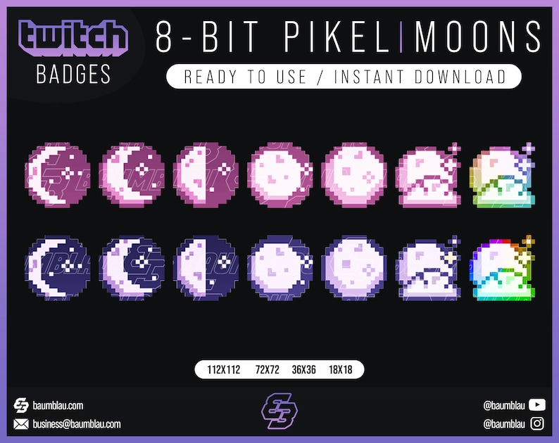 8-bit Moon Badges for Twitch: Purple & Pink Pixel Art (instant Download ...