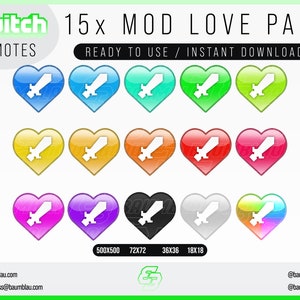 Twitch Emote 15x Twitch MOD LOVE PACK Emote / Badge Twitch Moderator Emote Twitch Badges Emotes Mod image 1