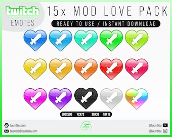 May include: A set of 15 Twitch emotes featuring a white sword inside a heart. The emotes are in various colors, including blue, green, yellow, red, pink, black, and white. The emotes are available in four sizes: 500x500, 72x72, 36x36, and 18x18.