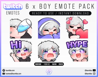 Chibi Boy Emotes Pack: White Hair, Purple Theme (6x Emotes) (Instant Download)