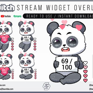 May include: Animated panda character holding a sign with the text "69/100". The panda is wearing a white and black fur coat and has a pink heart above its head. The background is a light grey colour.