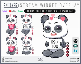 Panda Widget Goal Overlay [OBS/Streamlabs] Cute Chibi Pet Widget Stream Overlay | Cute Twitch Sub Goal Widget | Reactive Stream Overlay