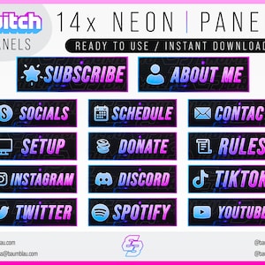 Peut inclure: Un ensemble de 14 panneaux Twitch néon avec un fond noir et des accents néon bleus et roses. Les panneaux présentent du texte tel que "S'abonner", "À propos de moi", "Réseaux sociaux", "Horaire", "Contact", "Configuration", "Faire un don", "Règles", "Instagram", "Discord", "TikTok", "Twitter", "Spotify" et "YouTube".