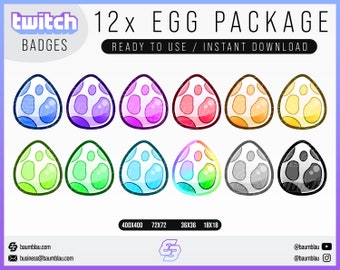 May include: Twelve Twitch badges featuring an egg design in various colors, including blue, purple, pink, red, yellow, green, light blue, green, gray, and black. The badges are available in four sizes: 400x400, 72x72, 36x36, and 18x18.