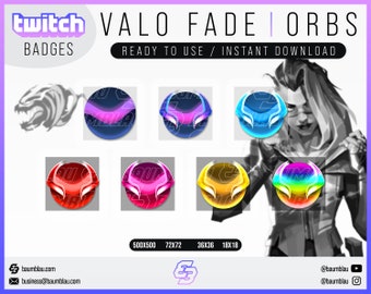 May include: Set of eight Twitch badges featuring a stylized orb with different color gradients. The orb is a symbol for the Valorant character Fade. The badges are available in various sizes: 500x500, 72x72, 36x36, and 18x18 pixels.
