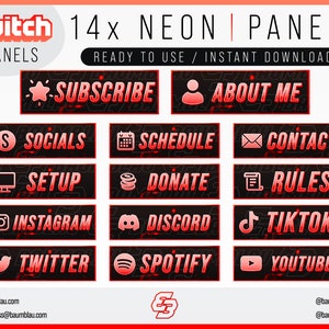 Twitch Panels 14x Pack - Red NEON Panels | Clean Glow Panels - Instant Download / Ready to Use