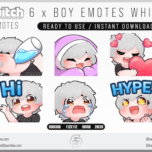 Twitch-emotes, Twitch-sub-emotes, Discord-emotes, tekst-emotes, jongens-emotes, wit haar-emotepakket jongens | 6x chibi-emotespakket jongen wit