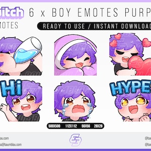 Twitch Emotes, Twitch Sub Emotes, Discord Emotes, Text Emotes, Junge Emotes, Junge Lila Haare Emote Pack | 6x Chibi Emotes Paket Junge Lila