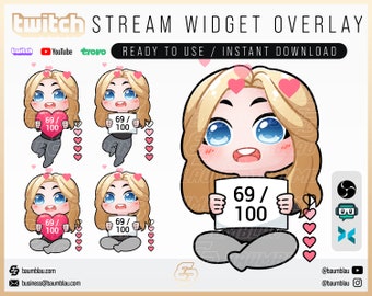Girl Widget Goal Overlay [OBS/Streamlabs] Cute Chibi Girl Widget Stream Overlay | Cute Twitch Sub Goal Widget | Reactive Stream Overlay