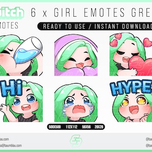 Twitch Emotes, Twitch Sub Emotes, Discord Emotes, Text Emotes, Girl Emotes, Girl Green Hair Emote Pack | 6x Chibi Emotes Package Girl Green