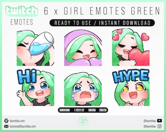 May include: Set of six green animated Twitch emotes featuring a cartoon girl with different expressions. The emotes include "Hi", "Hype", "Drinking", "Crying", "Love", and "Sleepy".