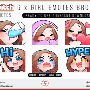 Twitch Emotes, Twitch Sub Emotes, Discord Emotes, Text Emotes, Girl Emotes, Girl Brown Hair Emote Pack | 6x Chibi Emotes Package Girl Brown