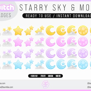 Starry Sky Sub Badges / Bit Badges [4 x COLOR-STYLES] | 40 Moon, Stars & Cloud Badges | Twitch Badges Cute Pastel Moon Style