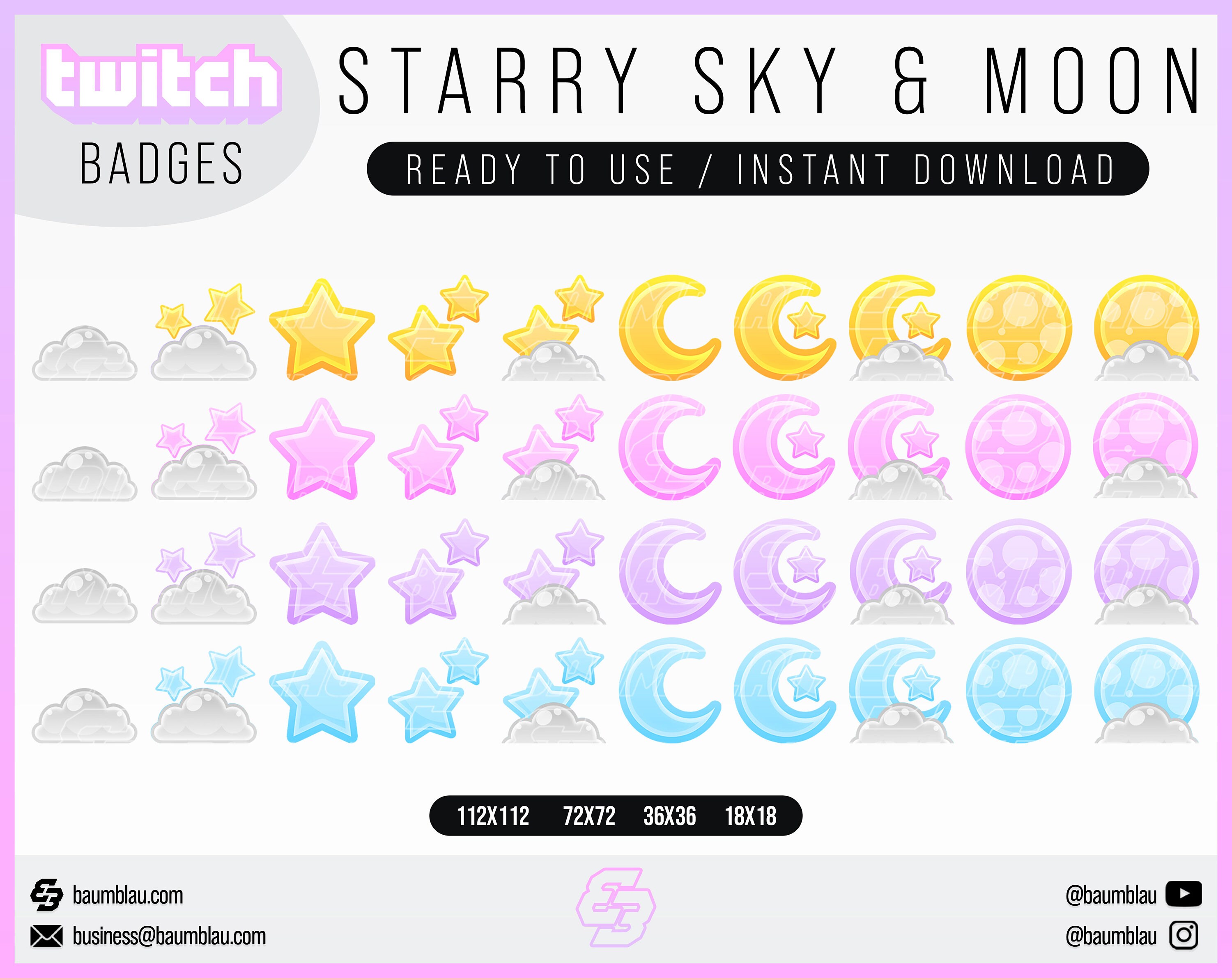 Starry Sky Sub Badges / Bit Badges [4 x COLOR-STYLES] | 40 Moon, Stars & Cloud Badges | Twitch Badges Cute Pastel Moon Style