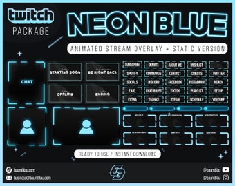 Neon Blue Animated Stream Overlay Package: Twitch Scenes, Alerts (Digital Download)