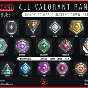 All Valorant Badges Ranks NEW Ascendent Rank 5 extra Ranks Cheer/Sub Badges Valorant Ranks Valorant Emotes Valo Badges Twitch image 4