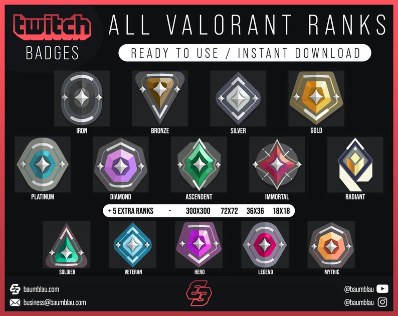 All Valorant Badges Ranks NEW Ascendent Rank 5 extra Ranks Cheer/Sub Badges Valorant Ranks Valorant Emotes Valo Badges Twitch image 4