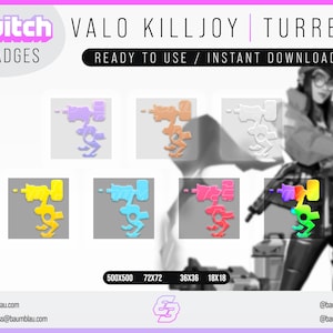 May include: A set of six digital Twitch badges featuring a stylized turret from the video game Valorant. The badges are in various colors, including purple, orange, yellow, blue, pink, and rainbow. The badges are available in four sizes: 500x500 pixels, 72x72 pixels, 36x36 pixels, and 18x18 pixels.