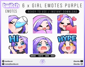 Twitch Emotes, Twitch Sub Emotes, Discord Emotes, Text Emotes, Girl Emotes, Girl Purple Hair Emote Pack | 6x Chibi Emote Package Girl Purple