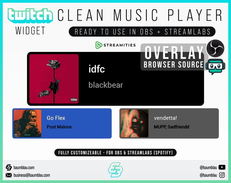 Twitch Widget Spotify Music Player Overlay Customizable Stream Widget OBS Widget Overlay Streamlabs and OBS Widget Play music on Stream image 2