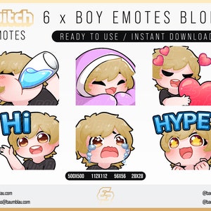 Può includere: Grafica digitale con sei emoticon di cartoni animati di un personaggio biondo. Le emoticon mostrano varie espressioni, tra cui bere, sorridere, tenere un cuore, salutare, piangere ed esclamare "HYPE". Il testo include "Twitch Emotes" e "Ready to Use / Instant Download".