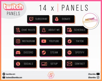 14x Twitch Panels Pack - Pink Orange Glow Panels | Clean Neon Panels - Instant Download / Ready to Use