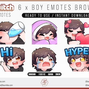 Twitch Emotes, Twitch Sub Emotes, Discord Emotes, Text Emotes, Boy Emotes, Boy Brown Hair Emote Pack | 6x Chibi Emotes Package Boy Brown
