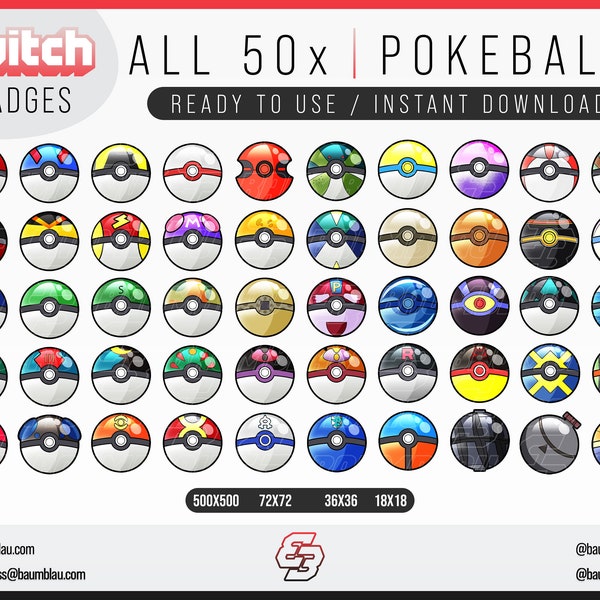 All 50 x Pokemon Pokeball Sub Badges | Pokemon Badges | Pokemon Twitch Emote | Twitch Badges Pokemon