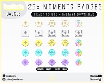 May include: A set of 25 Twitch Moments Badges in various colors and designs, including stars, squares, and hexagons. The badges are ready to use and can be downloaded instantly. The image also includes the text "25x MOMENTS BADGES" and "READY TO USE / INSTANT DOWNLOAD".