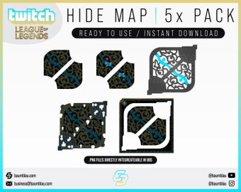 May include: A digital product pack featuring five map designs for the game League of Legends, with the text "HIDE MAP | 5x PACK". The maps have a dark color scheme with blue and white accents. The text "READY TO USE / INSTANT DOWNLOAD" is also present.