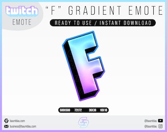 May include: A gradient Twitch emote of the letter "F" in a blue, pink, and purple color scheme. The emote is outlined in black and has a 3D effect. The text "twitch" and "EMOTE" are visible at the top of the image. The text "READY TO USE / INSTANT DOWNLOAD" is also visible.