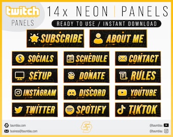 Gold Neon Twitch Panels: 14x Stream Overlays (Digital Download)