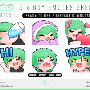Twitch Emotes, Twitch Sub Emotes, Discord Emotes, Text Emotes, Boy Emotes, Boy Green Hair Emote Pack | 6x Chibi Emotes Package Boy Green