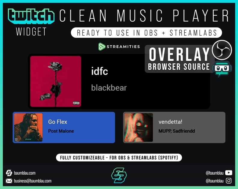 Twitch Widget Spotify Music Player Overlay Customizable Stream Widget OBS Widget Overlay Streamlabs and OBS Widget Play music on Stream image 1