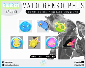 May include: Set of eight Twitch chat badges featuring different colorful cartoon characters inspired by the Valorant agent Gekko. The badges are in various sizes, including 500x500, 72x72, 36x36, and 18x18 pixels.