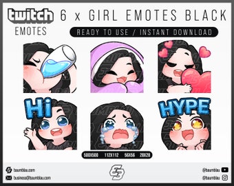 May include: Six black and white cartoon girl Twitch emotes with different expressions. The emotes include "Hi", "Hype", "Crying", "Drinking", "Heart", and "Hugging Heart".