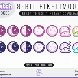 Può includere: Un set di badge a forma di luna in pixel art a 8 bit per Twitch. I badge sono in varie tonalità di viola, rosa, blu e verde. I badge sono di diverse dimensioni, tra cui 112x112, 72x72, 36x36 e 18x18.