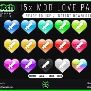 Twitch Emote 15x Twitch MOD LOVE PACK Emote / Badge Twitch Moderator Emote Twitch Badges Emotes Mod image 2