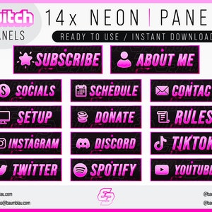 Twitch Panels 14x Pack - Pink NEON Panels | Clean Glow Panels - Instant Download / Ready to Use