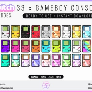 Può includere: 33 badge Twitch di colore diverso per console Game Boy. I badge sono disposti in una griglia e presentano una varietà di colori, tra cui verde, blu, rosa, giallo e arancione. Il testo "twitch badges" è nella parte superiore dell'immagine.